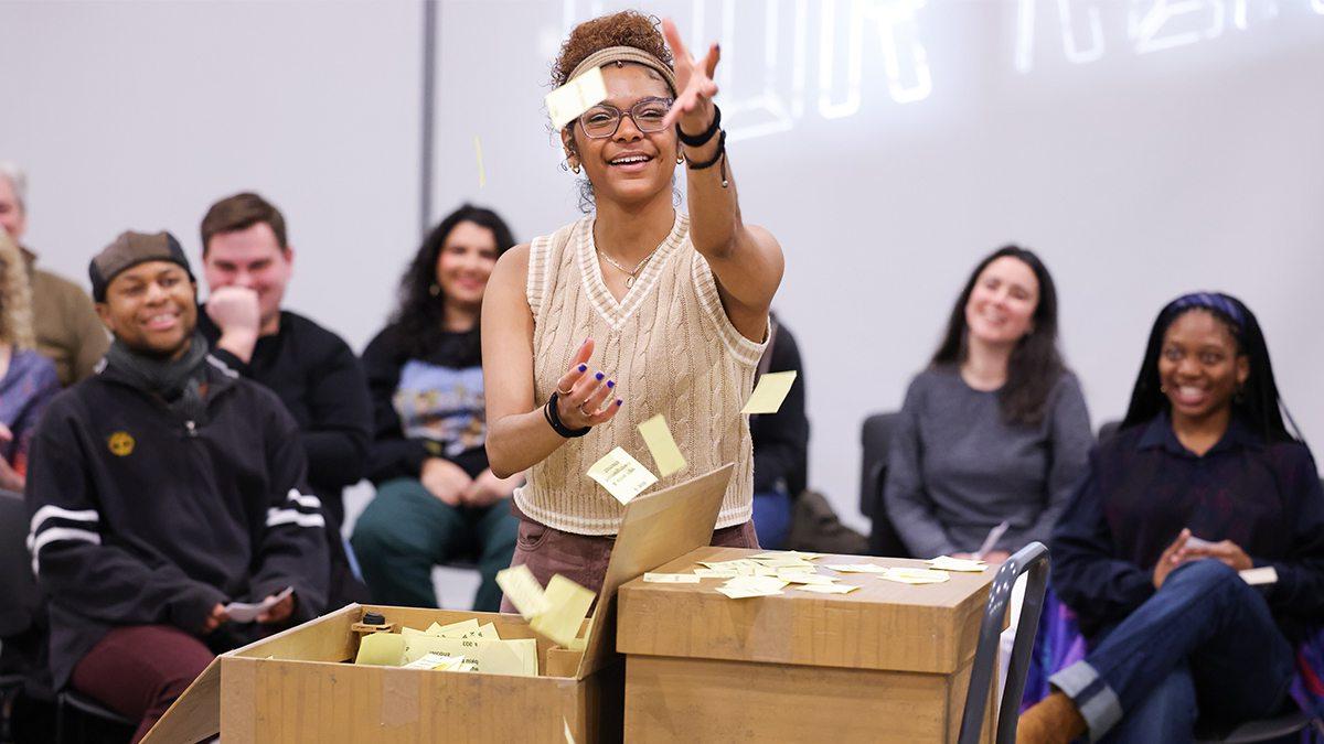 Saleemah Sharpe rehearsing a scene for 'Every Brilliant Thing' in front of fellow cast members.