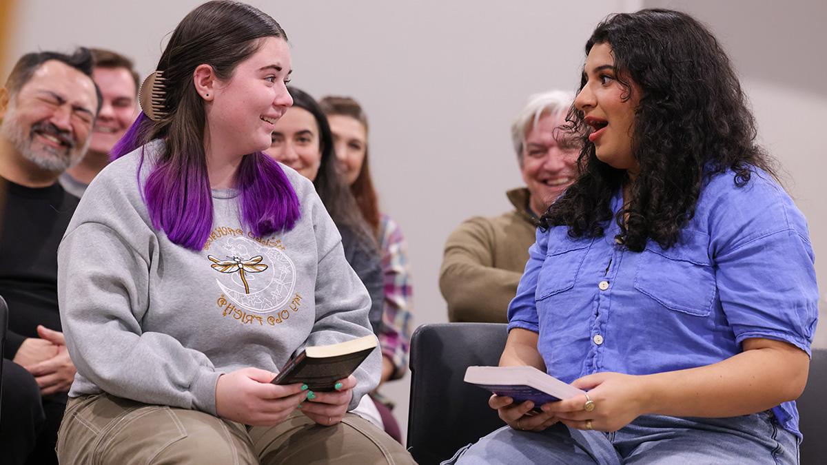 Sajana Taskar rehearsing in front of the 'Every Brilliant Thing' cast. 