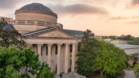 Exterior image of Wilson Library at dusk.